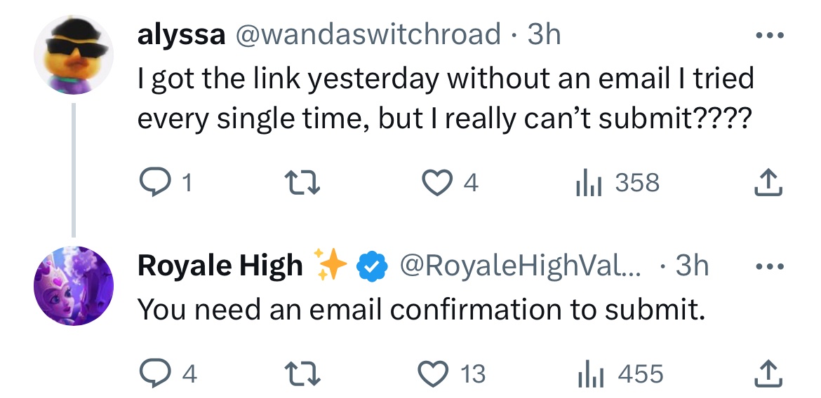 emicustard's tweet photo. @for3vrywonyoung @UnofficalRH @RoyaleHighValks i’m sorry to break it to you but if you didn’t get the email then you can’t submit! https://t.co/NOXYr7DcJA