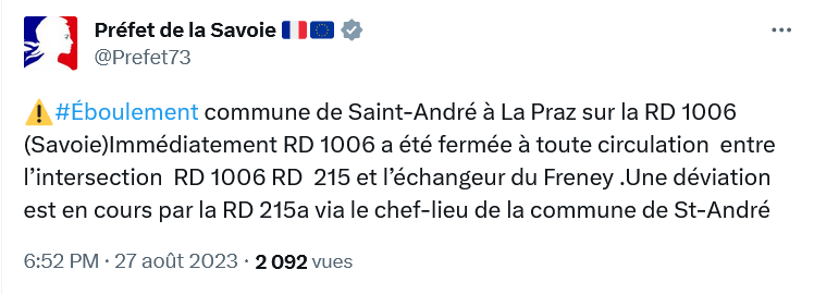 carconducteur's tweet photo. #ALERTE INFO TRAFIC #Flixbus #Blablacar
🟥Suite #éboulement en #Savoie, #A43 fermée jusqu'à nouvel ordre !
⛔️0 déviation locale pour #autocars
🔄Déviation par tunnel du Mont-Blanc ou sud de la France
⚠️Retards et suppressions, reportez votre voyage !
#Flexibus #Ouibus #Blablabus https://t.co/Kz6zXIR2Sm