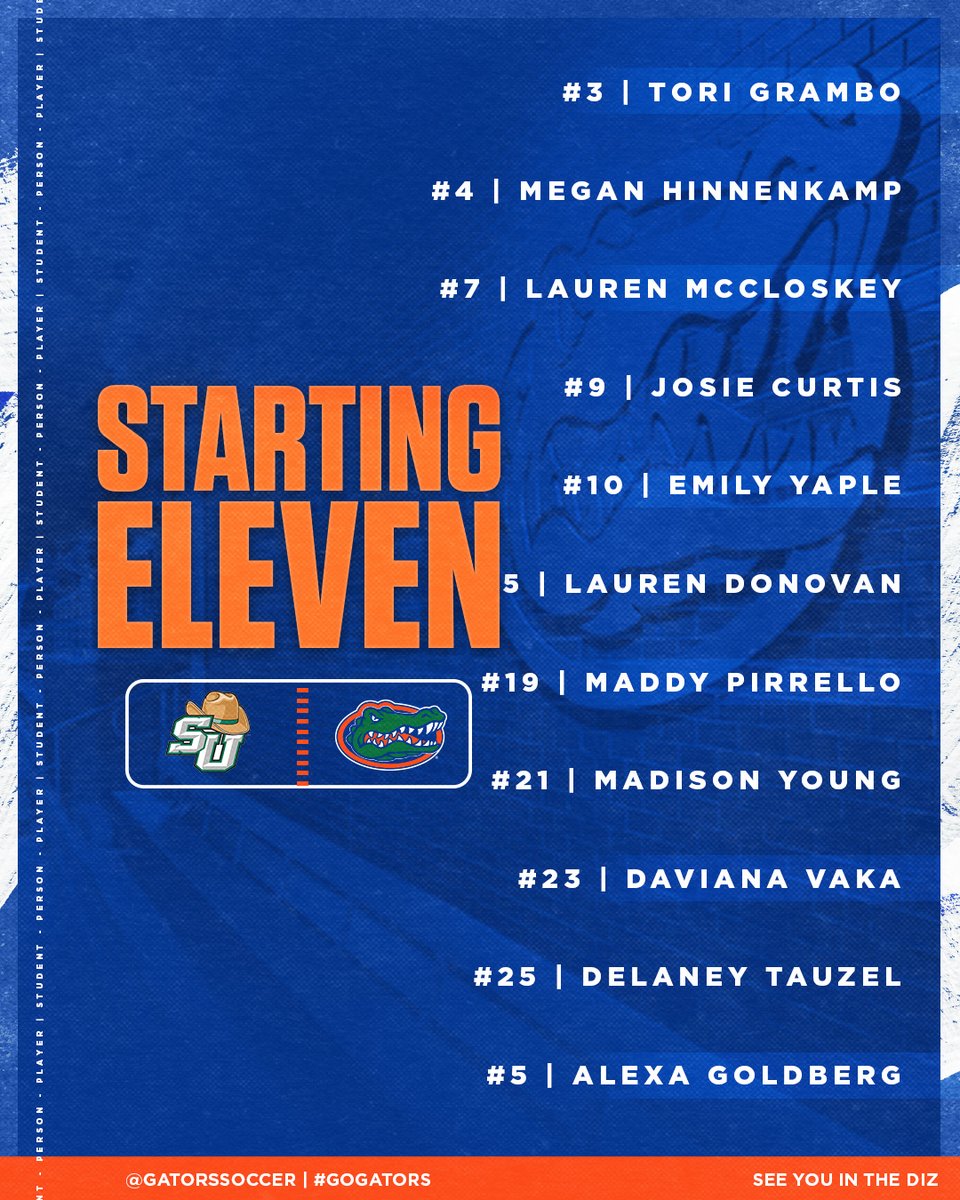 #Gators Starting XI

🐊⚽️  🆚 Stetson
📍 Donald R. Dizney Stadium
🕕 6pmET
🖥️📱💻 SEC Network + rb.gy/ingep
📊 rb.gy/z82cp
📻 rb.gy/gcyhg

#GoGators | #StudentPersonPlayer | 🐊⚽️