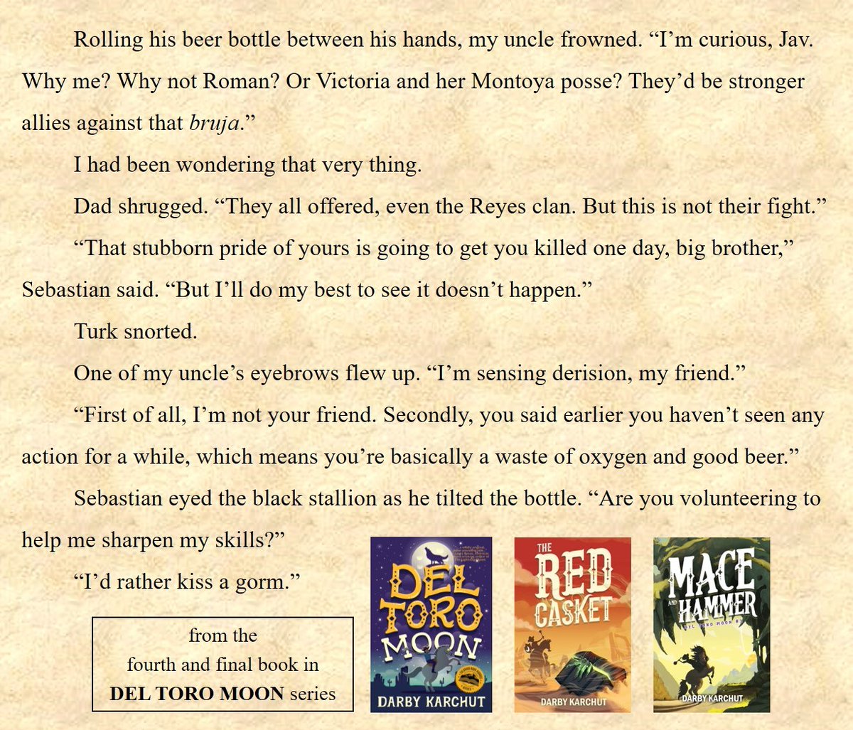 darby_karchut's tweet photo. After a two-month recess (my first extended break in 14 years of writing), I'm back at work on the fourth and final book in the DEL TORO MOON series. Having such a blast - thought I'd share a recent scene. #deltoromoon #mglit #mgfantasy #kidlit #horsebooks @owlhollowpress https://t.co/WwF2fz5KIK