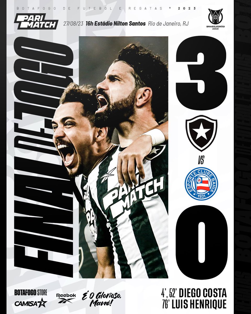 SEEEEGUE O LÍDER! 🔥🚀

Com linda festa da torcida no Nilton Santos, Fogão vence o Bahia com dois gols de Diego Costa e um de Luís Henrique. EMBALADO! ⚽️🏟️ #VamosBOTAFOGO