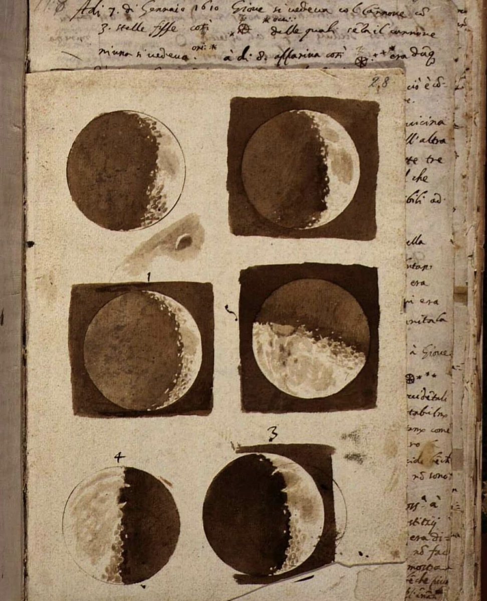 These are the first detailed drawings of the moon by Galileo Galilei after he observed them through his homemade telescope in 1609. Here are Galileo's own words after observing the surface of the moon:

"Let me speak first of the surface of the Moon, which is turned towards us.