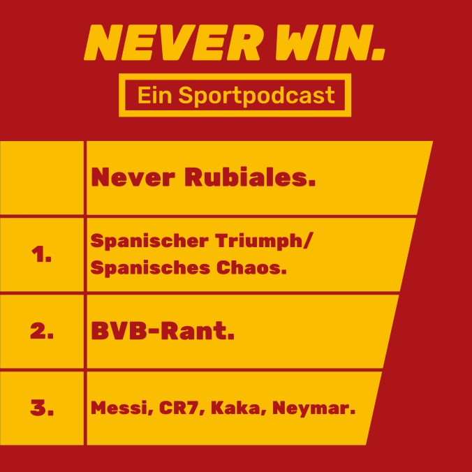 Neue Ausgabe meines Fußball Podcasts Never Win!

Heute haben Paul und ich über diesen ganzen Rubiales Kram gesprochen und warum der Typ durch ist

Ich habe ORDENTLICH über den BVB gerantet

Und am Ende gab es einiges zu Messi, Ronaldo und Neymar

Teilt den Cast gerne mit anderen!