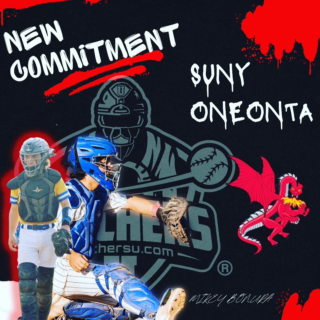 CatchersU's tweet photo. Congratulations to our guy Michael Bonura on his commitment to play at SUNY Oneonta! Go Red Dragons! #catchersu #baseballboys #collegebaseball #blackhats #baseballcatcher https://t.co/g5pRLvXMXk
