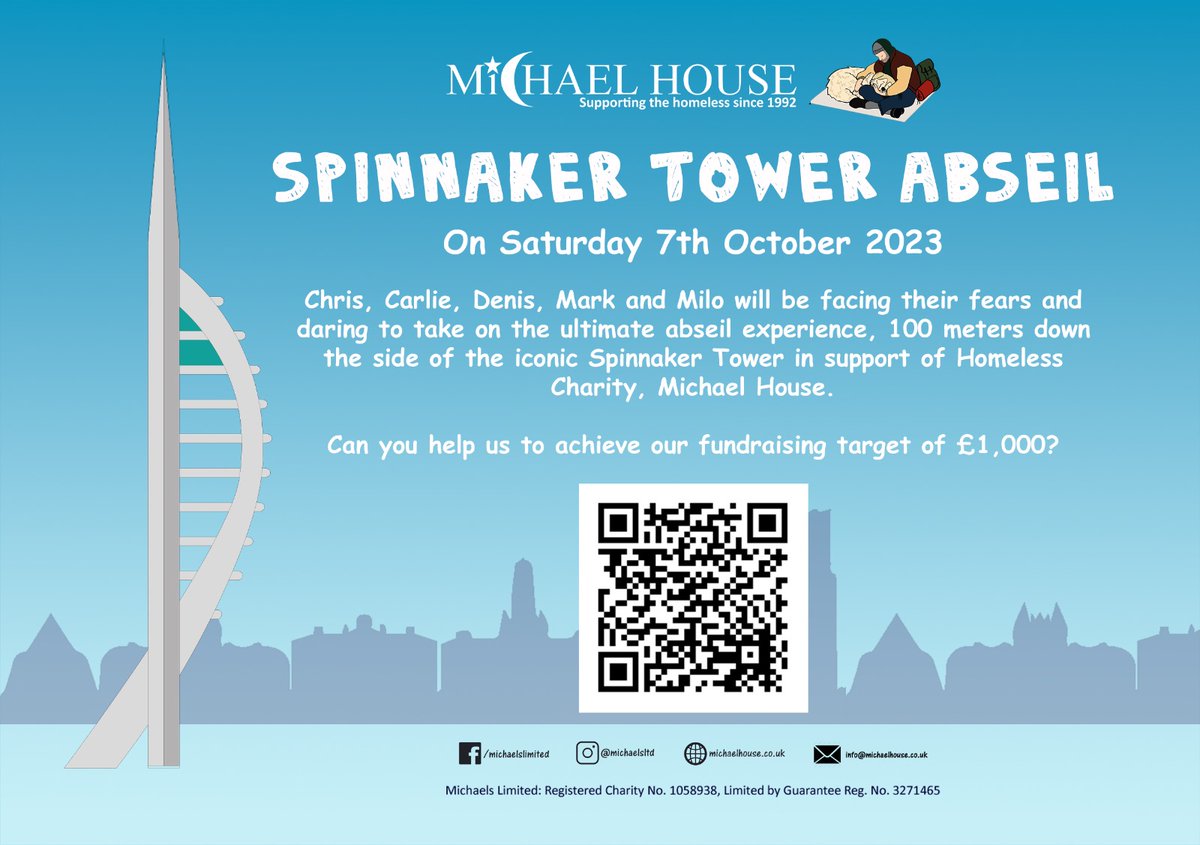 Michael House (@michaelsltd) on Twitter photo On Saturday 7th Oct, TeamMichaelHouse will be facing their fears and taking on the ultimate abseil experience, 100 meters down the side of the iconic @SpinnakerTower for <a href="/michaelsltd/">Michael House</a>. Can you help us to achieve our fundraising target of £1,000? #YouAreTheKey to #RebuildingLives On Saturday 7th Oct, TeamMichaelHouse will be facing their fears and taking on the ultimate abseil experience, 100 meters down the side of the iconic @SpinnakerTower for <a href="/michaelsltd/">Michael House</a>. Can you help us to achieve our fundraising target of £1,000? #YouAreTheKey to #RebuildingLives