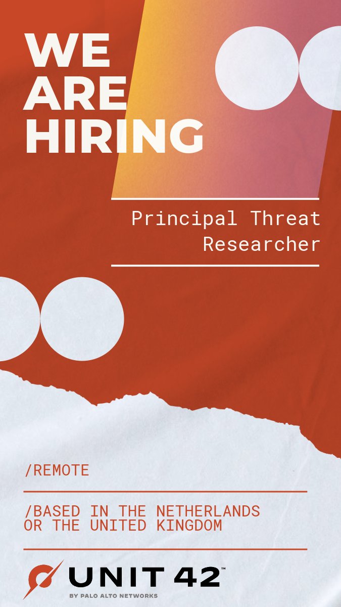 Unit42_Intel's tweet photo. Based in the United Kingdom or The Netherlands? We're hiring a Principal Threat Researcher! Learn more about the role: https://t.co/oQfoRdCt7I #CyberCareer #TechJobs #ThreatResearch #RemoteUK #RemoteNetherlands https://t.co/d1F544qtwP