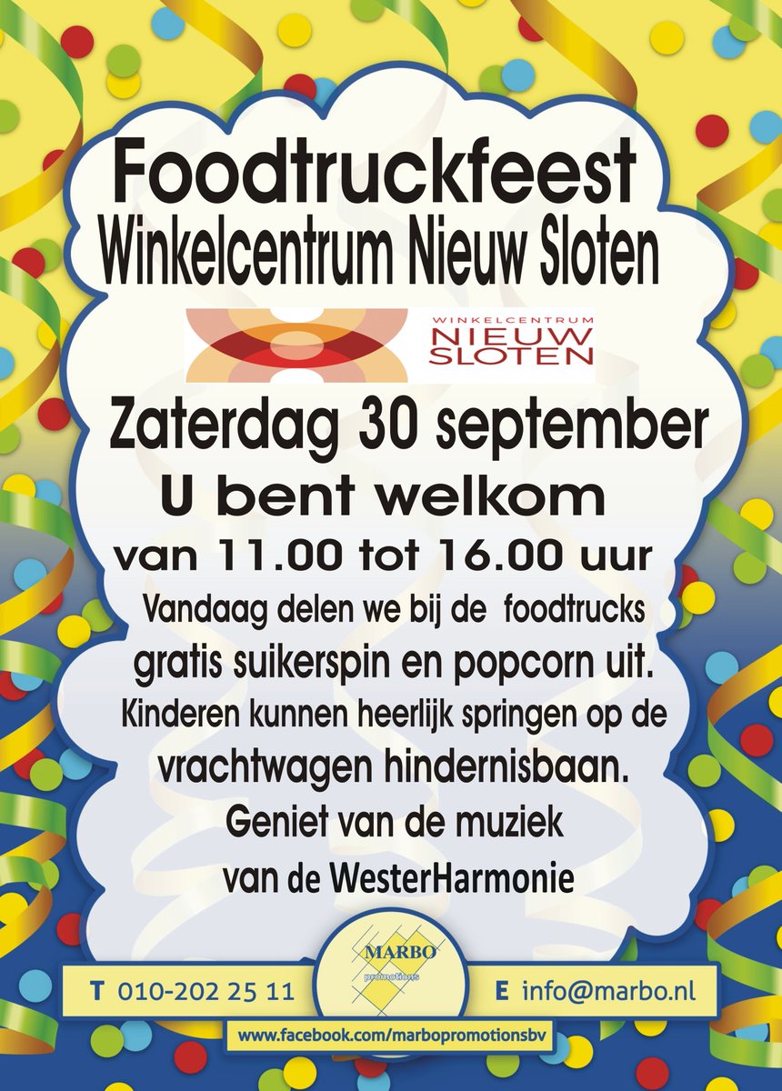 Westerharmonie's tweet photo. Kom op zaterdag 30-9 naar ons gratis concert (vanaf 14.30 u) bij het foodtruckfeest in het Winkelcentrum Nieuw-Sloten / Belgiëplein. Geniet van onze muziek en haal een gratis suikerspin of popcorn. 
 https://t.co/epRu6Uo94I

#Belgiëplein #Amsterdam #westerharmonie https://t.co/ztzNyuJPin