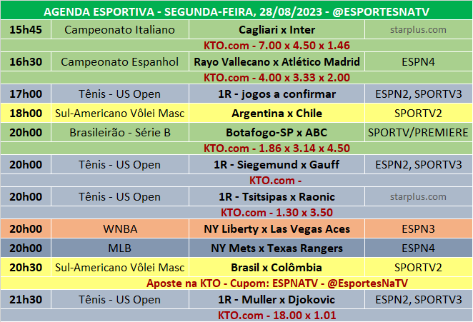 Esportes Na TV 📺 on X: A agenda esportiva desta SEGUNDA-FEIRA  (29/08/2022)  / X