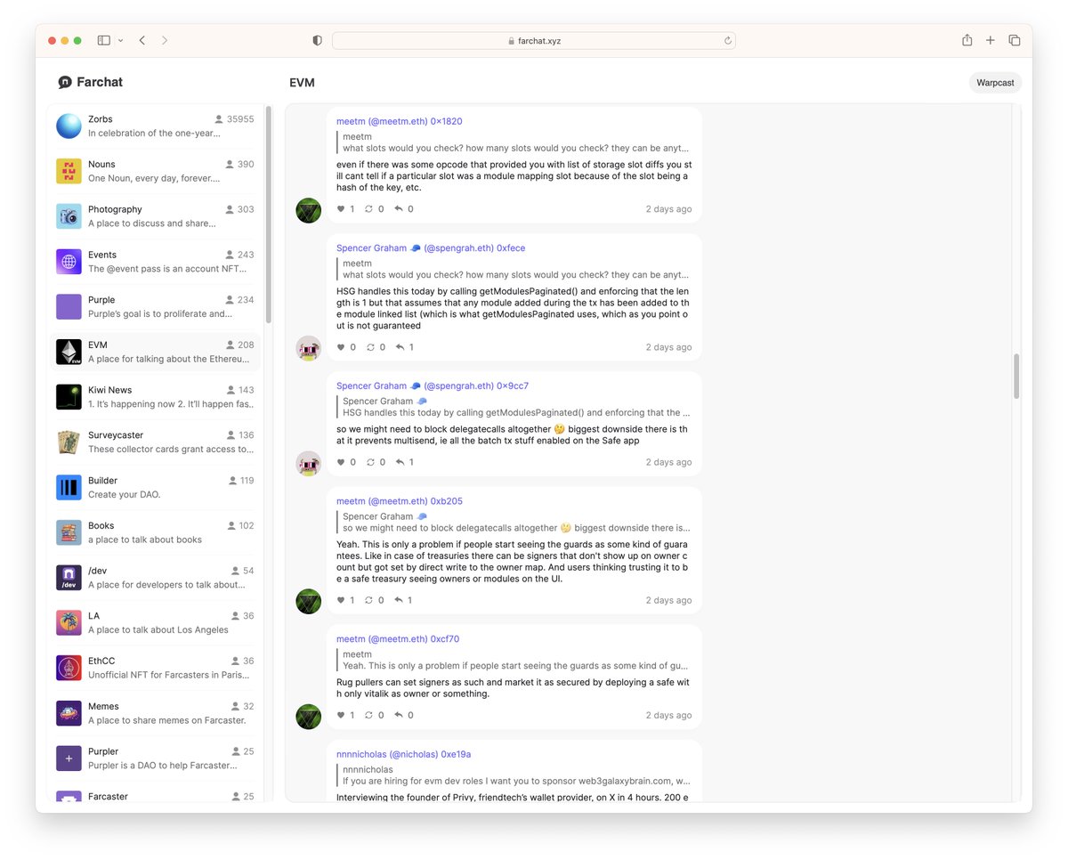 New Farcaster PWA client from Matthew Kochakian:

Farchat — visualize Farcaster channels as group chats.

No cold start content problem since all the content posted in Farcaster channels from Warpcast is permissionlessly available on the protocol.
