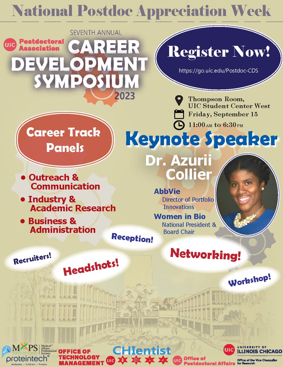 UICPostdoc's tweet photo. Registration is OPEN for the 2023 Career Development Symposium!! The 7th edition of the @UICPostdoc signature event will be held on Sept 15 to kick off the #2023NPAW Visit https://t.co/Uc74HxfNUy to RSVP! #postdoc #careerdevelopment #STEM #workshop #headshots #networking #chicago https://t.co/0mECdcuW0y