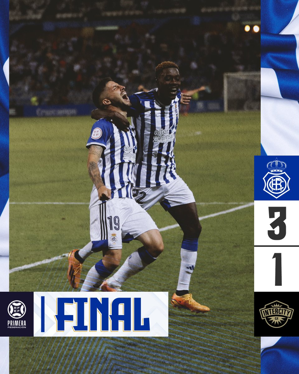 ⏱97'. Final del partido. ¡Gran victoria del #Decano ante su afición en el debut en <a href="/Primera_RFEF/">Primera Federación Versus e-Learning</a>!  

💙🤍#RecreIntercity 3-1 ⚫⚫