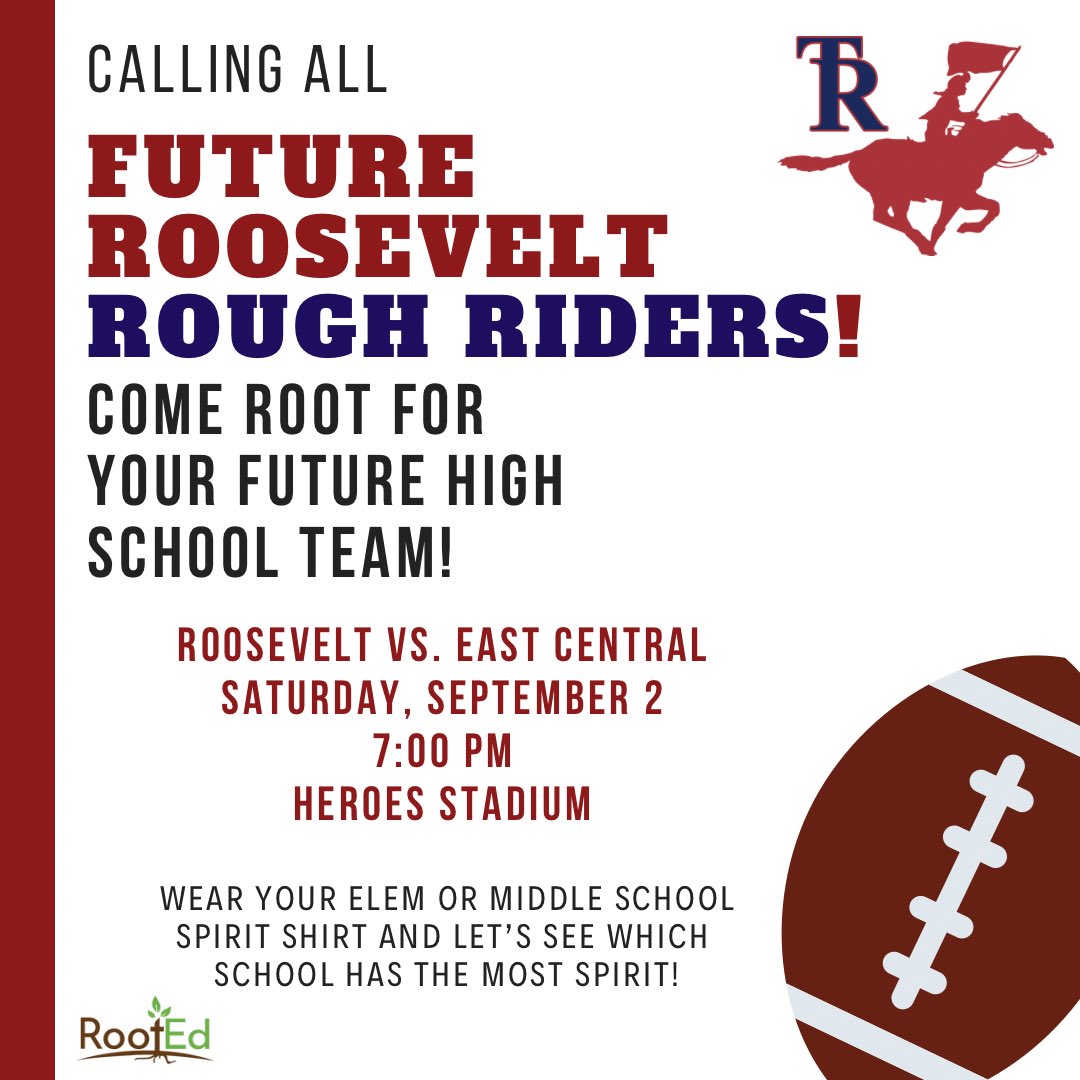 Calling all Future Roosevelt students!  Let's cheer on the Rough Riders and fill the stands!!  Everyone is welcome!!  Which cluster school will bring the spirit!!!??? #RootEdRoosevelt