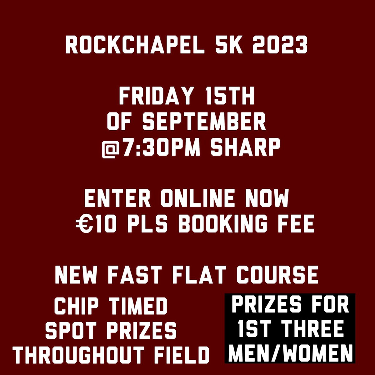 ### ROCKCHAPEL 5k 2023 #### 

PB FAST RACE UPCOMING SOON BE THERE

Enter now online €10 plus booking and non ai charge if applicable 

Run by the river feale where cork kerry and limerick meet 
Link to enter below ⬇️ 

eventmaster.ie/event/j2wdHE0T…