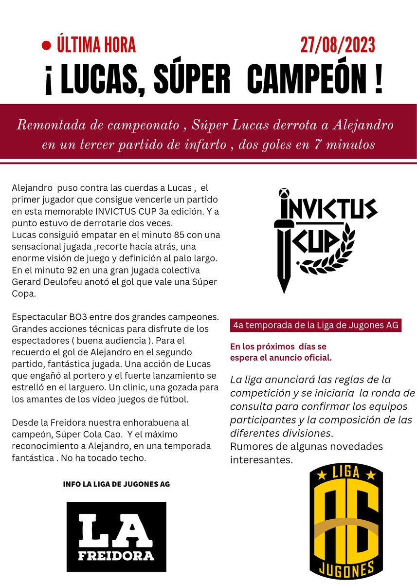 newsfreidoraAG's tweet photo. SÚPER LUCAS se proclama campeón de la súper Copa INVICTUS CUP  en una espectacular y muy intensa final a 3 partidos. Alejandro rozó la azaña.

Enhorabuena a @lucas10sancho y también a @alejandro58832  por regalarnos esta gran final.

#eFootball2024 #InvictusCup 
Showtime Xbox https://t.co/iDKU5p4Nc1