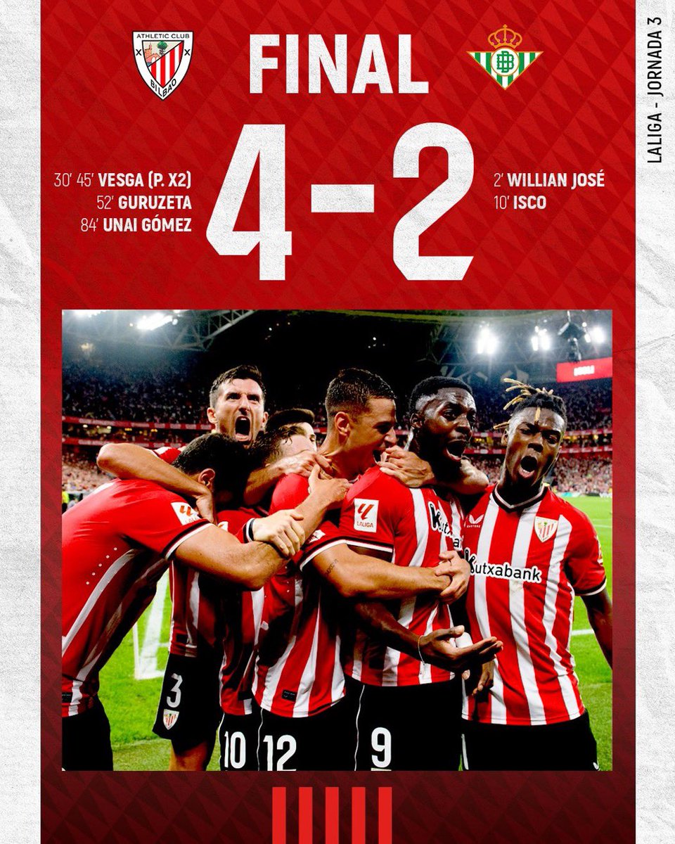 Por PRIMERA VEZ el Athletic remonta dos goles en un partido de Liga en el nuevo San Mamés.

La última vez que lo hizo en el antiguo estadio fue en 2005, en el mítico 4-3 a Osasuna.

Solo una vez los leones remontaron un 0-2 a un 4-2 en Bilbao: en 1929 a la Real. 

#AthleticBetis