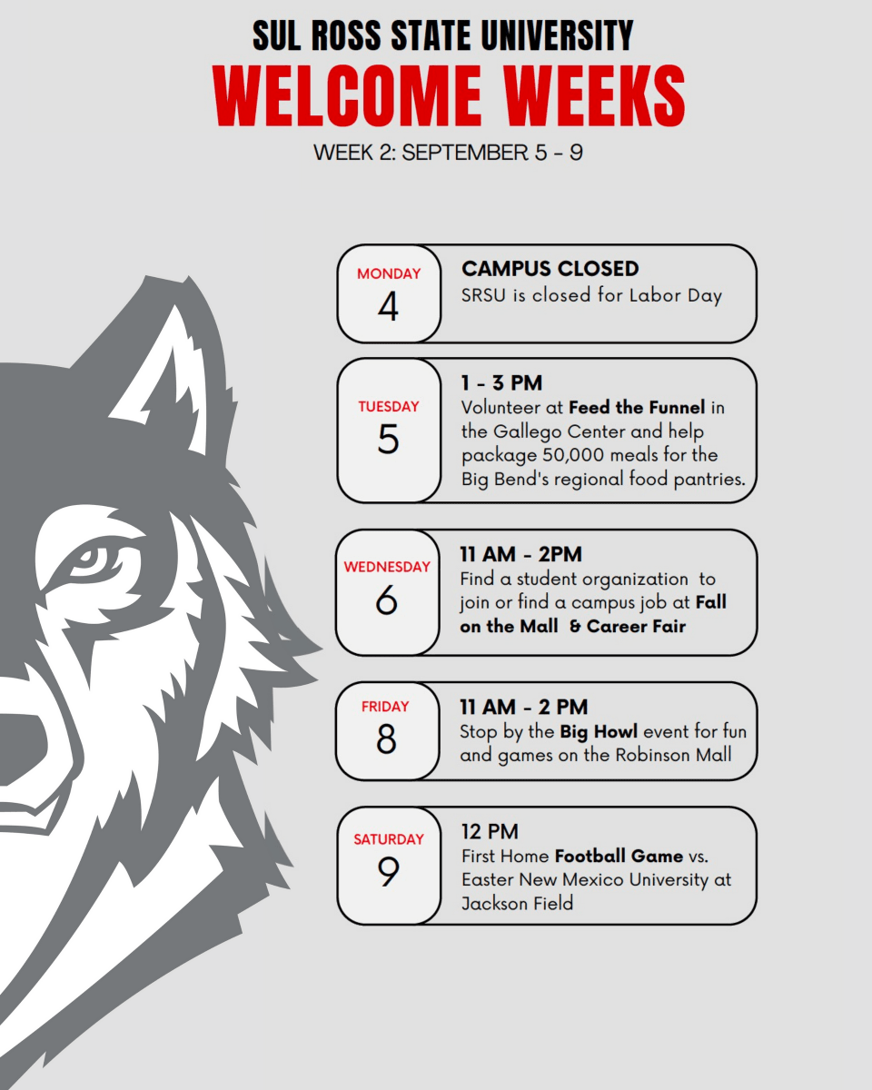 Sul_Ross's tweet photo. Welcome back, #Lobos! π
All students are invited to attend all our #WelcomeWeeks events for the next two weeks. See you there and #HappyFall2023! βοΈ
#SRSU #sulross #golobos https://t.co/wJJe0P2E9m