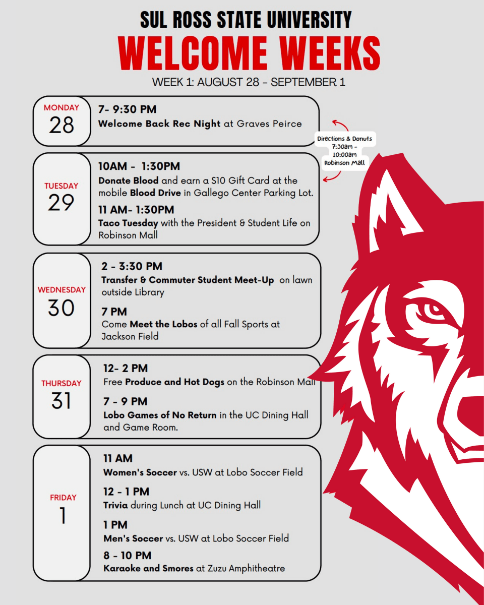 Sul_Ross's tweet photo. Welcome back, #Lobos! π
All students are invited to attend all our #WelcomeWeeks events for the next two weeks. See you there and #HappyFall2023! βοΈ
#SRSU #sulross #golobos https://t.co/wJJe0P2E9m