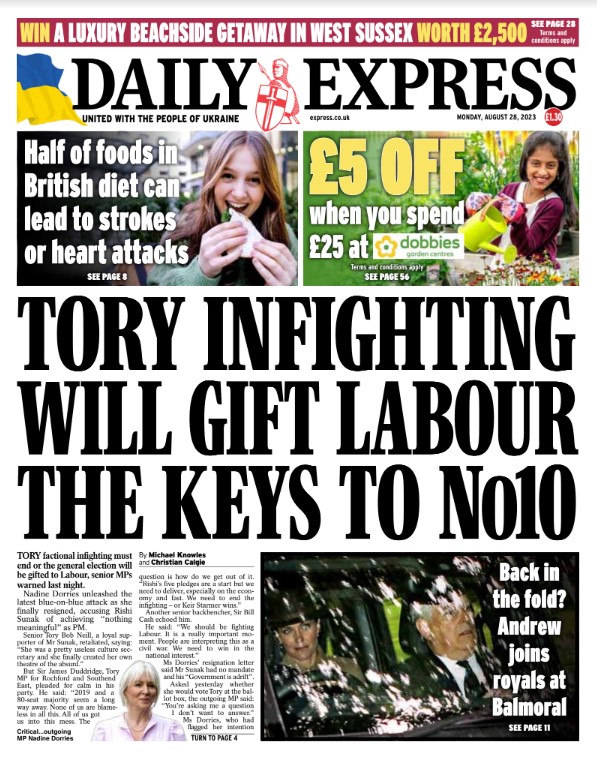 Monday's Daily Express front cover: Tory infighting will gift labour the keys to No10