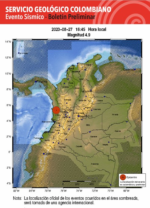 BluRadioCo's tweet photo. #Atención El Servicio Geológico Colombiano reporta un temblor a las 4:45 p.m de magnitud 4,9 con epicentro en el departamento de Chocó.  

#EnDesarrollo https://t.co/LZgM2EsKPF