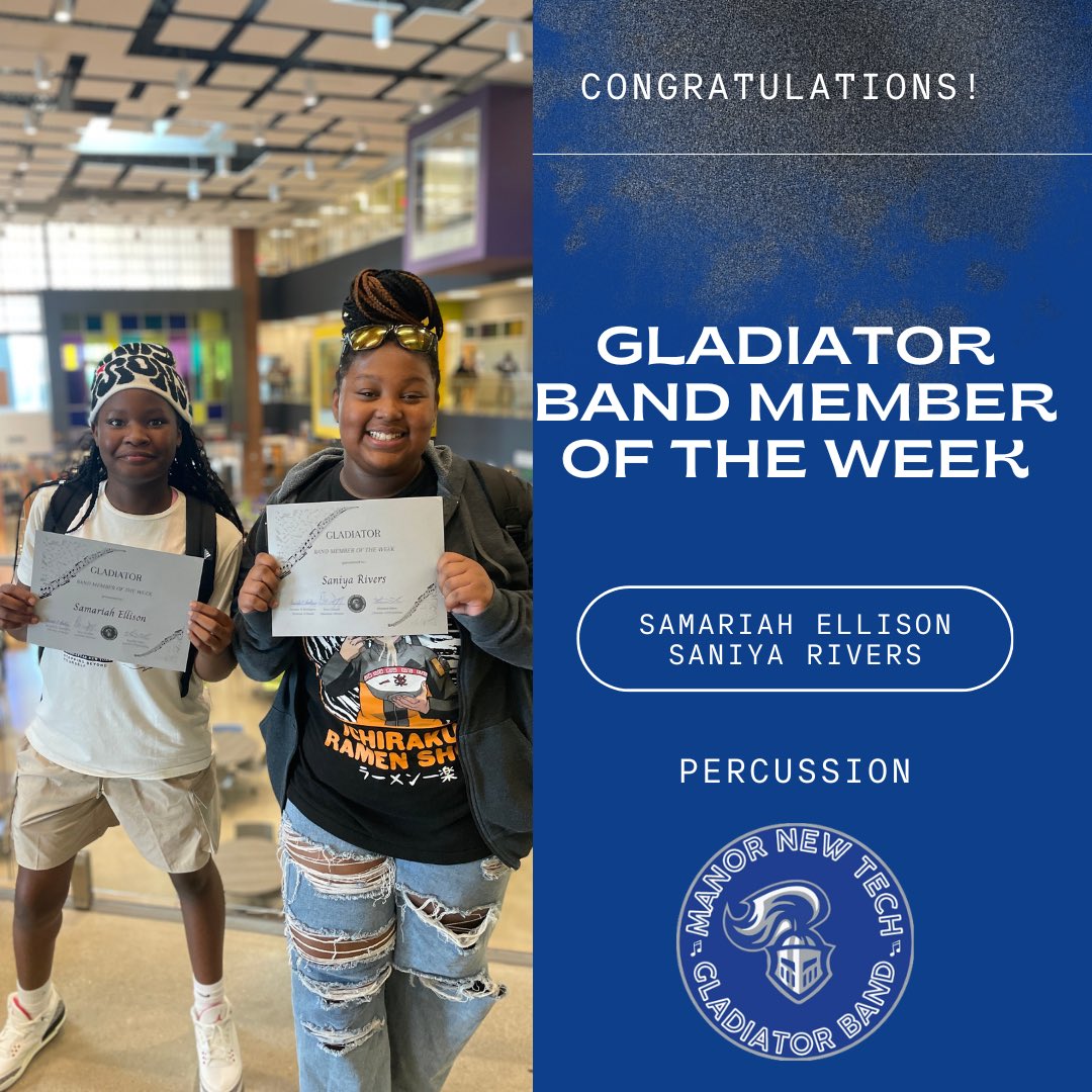 Congrats to this weeks Gladiator Band Members of the week! These ladies have been excelling on their marching percussion drums which is a new instrument for them.