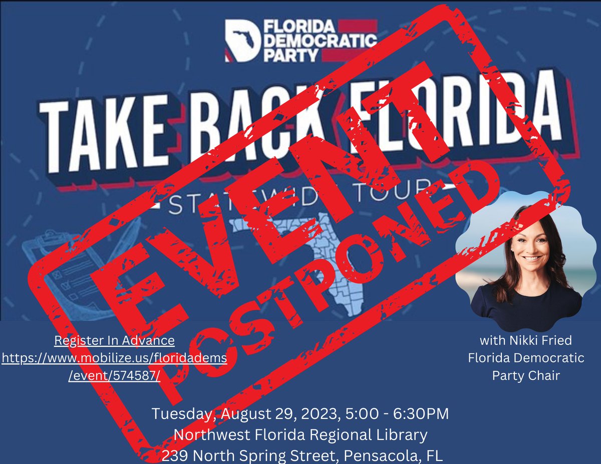 Due to the hurricane, FDP has postponed Week 5 #TakeBackFlorida Tour Visits.  So Both Escambia and Santa Rosa County visits planned for the 29th will be rescheduled