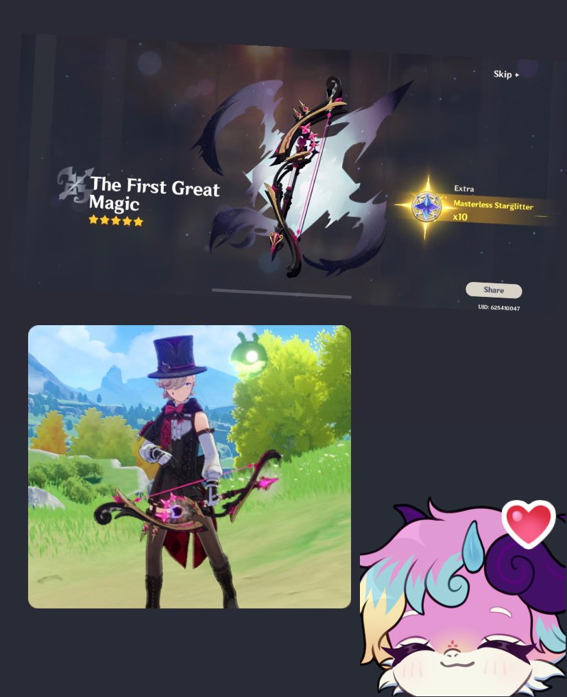 Kanariiko's tweet photo. Finally managed to get Lyney’s bow!! ✨ Didn’t lose my pity at all which is really lucky considering my luck on the weapon banners-

#Vtuber #genshin #genshinimpact #streamer https://t.co/5FJpUfBsbf