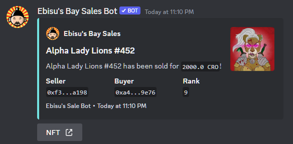 Lets go #crofam 
Rank 9 Alpha Lady Lion sold for 2000 #cro on <a href="/EbisusBay/">Ebisu's Bay | GameFi - NFT Market - DEX</a> 

Get your OG Male Lion here:
app.ebisusbay.com/collection/alp…
&amp; Lady here:
app.ebisusbay.com/collection/alp…

Join the Alpha Lion pride below: discord.gg/alphalionsrbt

#tweetshiftbot #cronos #CronosChain