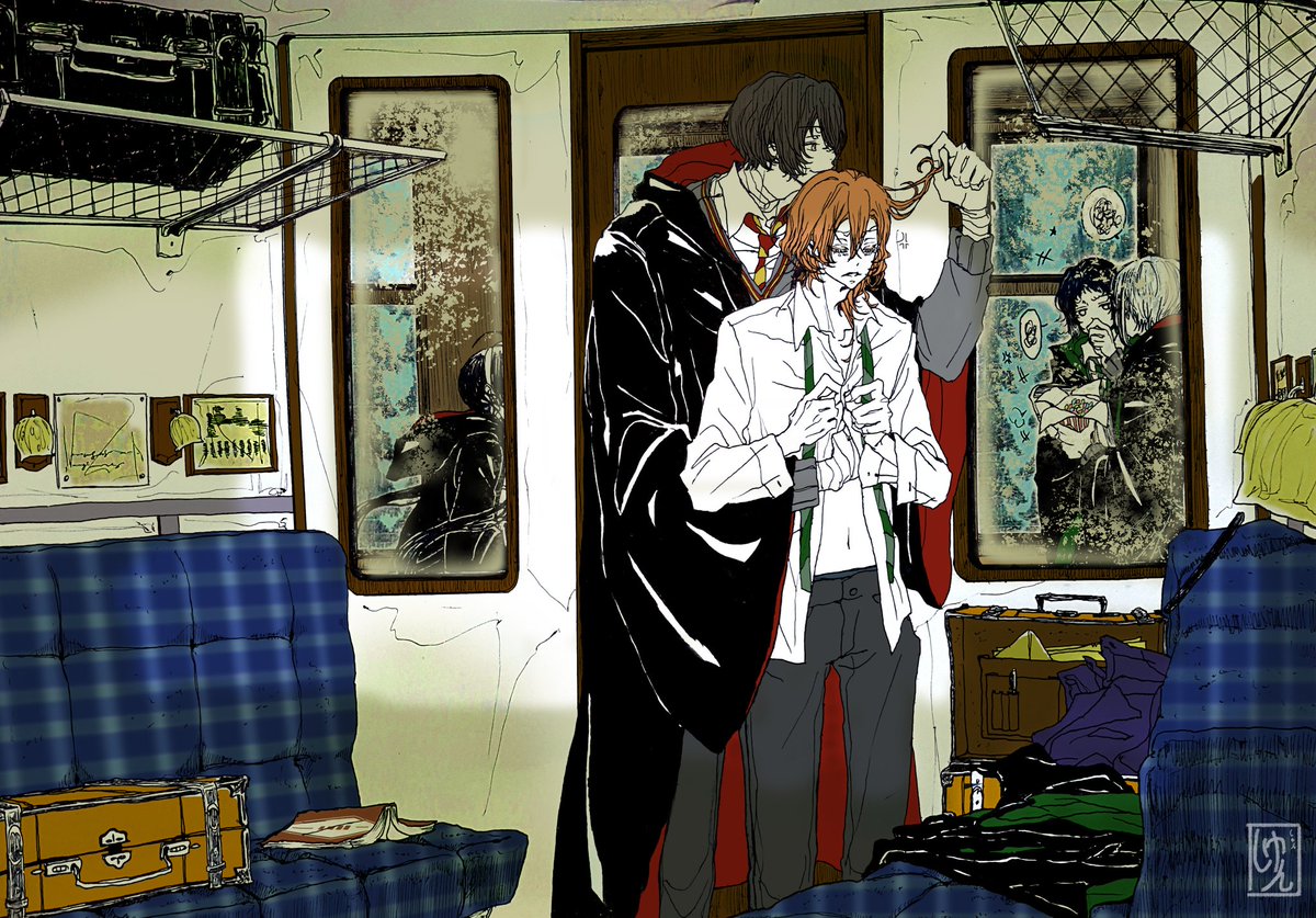 ホグワーツ魔法魔術学校パロ
太中と芥敦と鏡花

ホグワーツ特急列車の中💜太と中はいつも二人で客室を使ってるんだって！