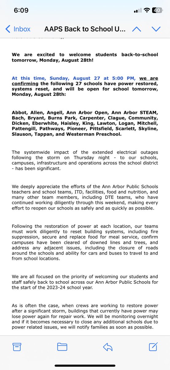 I find this framing infuriating. List the schools that don’t get to go to school tomorrow! This is ridiculous happy talk. We’re allowed to be disappointed that not all kids in AAPS can have their first day tomorrow. #a2schoolboard