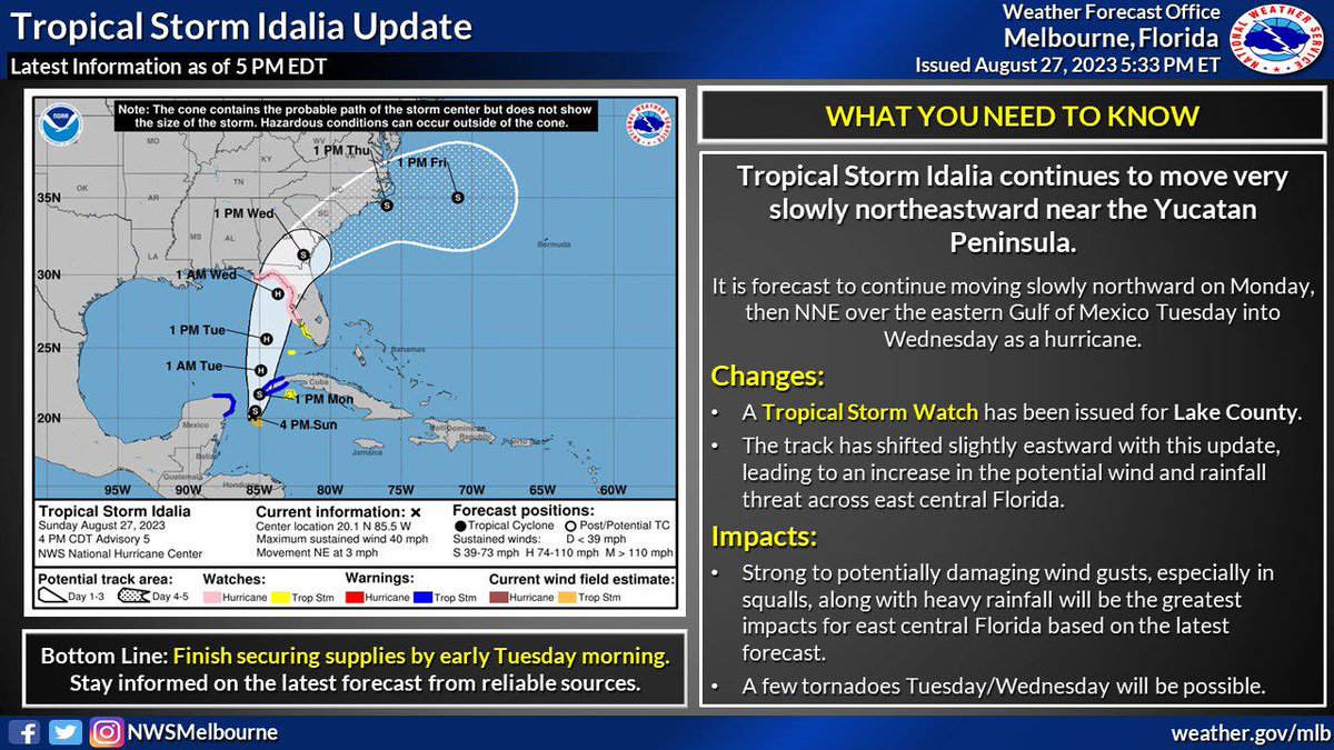 lakeemergency's tweet photo. National Weather Service Melbourne, Florida | 5:00 p.m. Update for Tropical Storm Idalia: a Tropical Storm Watch is now in effect for Lake County. For more information, visit: https://t.co/7i4ckfSZxK https://t.co/hkdbTowSuc
