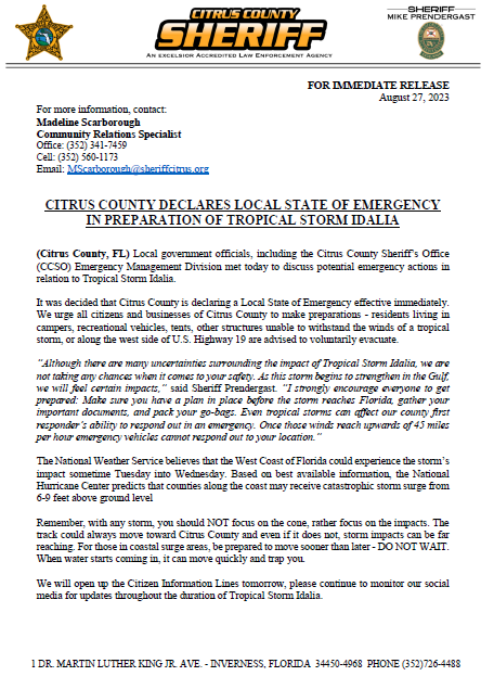 SheriffCitrus's tweet photo. CITRUS COUNTY DECLARES LOCAL STATE OF EMERGENCY IN PREPARATION OF TROPICAL STORM IDALIA
#CCSOProtecting #CCSOEM #HurricaneSeason2023
1726 https://t.co/YZn93TYjOp