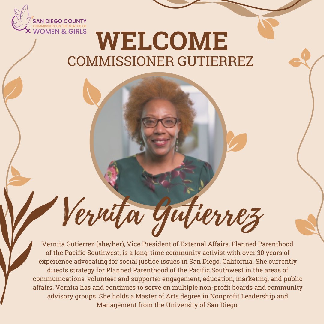 SDCSWG's tweet image. The San Diego County Commission on the Status of Women and Girls welcomes Commissioner Gutierrez!