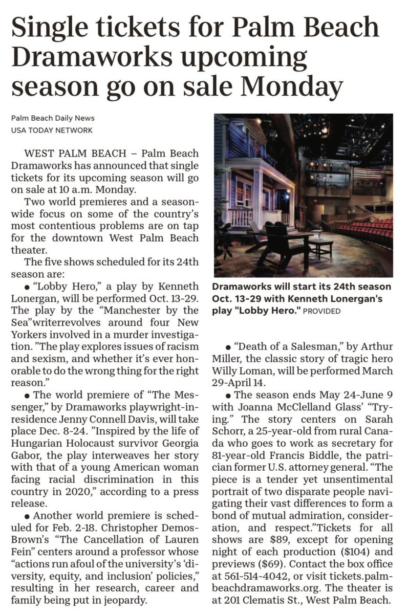 Tomorrow, 10AM!! Single tickets go on sale in person at the box office, via box office phone, or by visiting tickets.palmbeachdramaworks.org