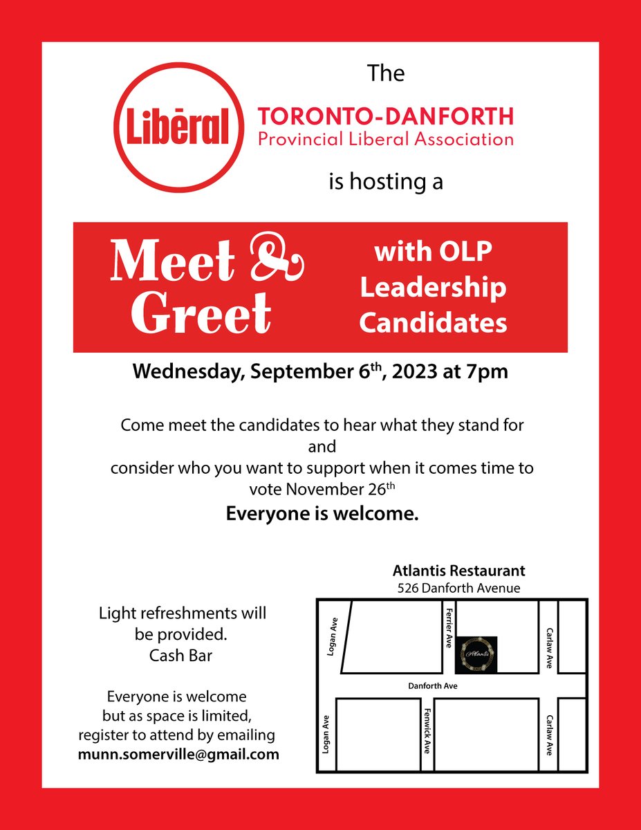 TorDanPLA's tweet photo. Please join us on Wed Sept 6 to meet our Ontario Liberal Party leadership candidates, right here in the Danforth! Light refreshments/cash bar. All welcome, RSVP required. Space is limited!
https://t.co/GxrD6INLCE https://t.co/j1up6SrX8b