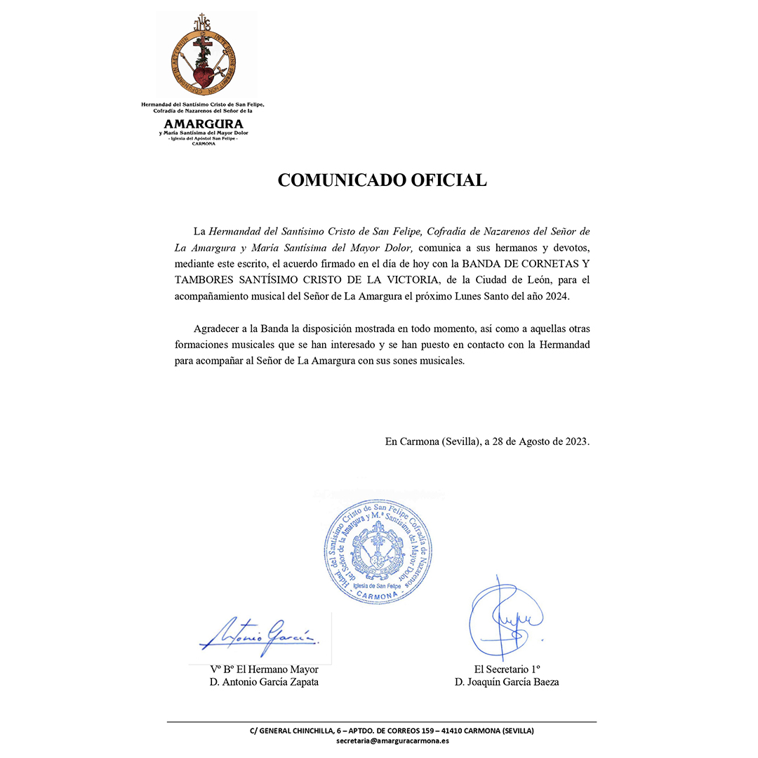 HdadAmargura_'s tweet photo. [COMUNICADO OFICIAL] La @SCVictoria_leon acompañará musicalmente al Señor de la Amargura el próximo Lunes Santo del año 2024.

#hermandaddelaamargura #cristodesanfelipe #SeñordelaAmargura #MariaStmaMayorDolor #carmona https://t.co/0TPK1pkJdm
