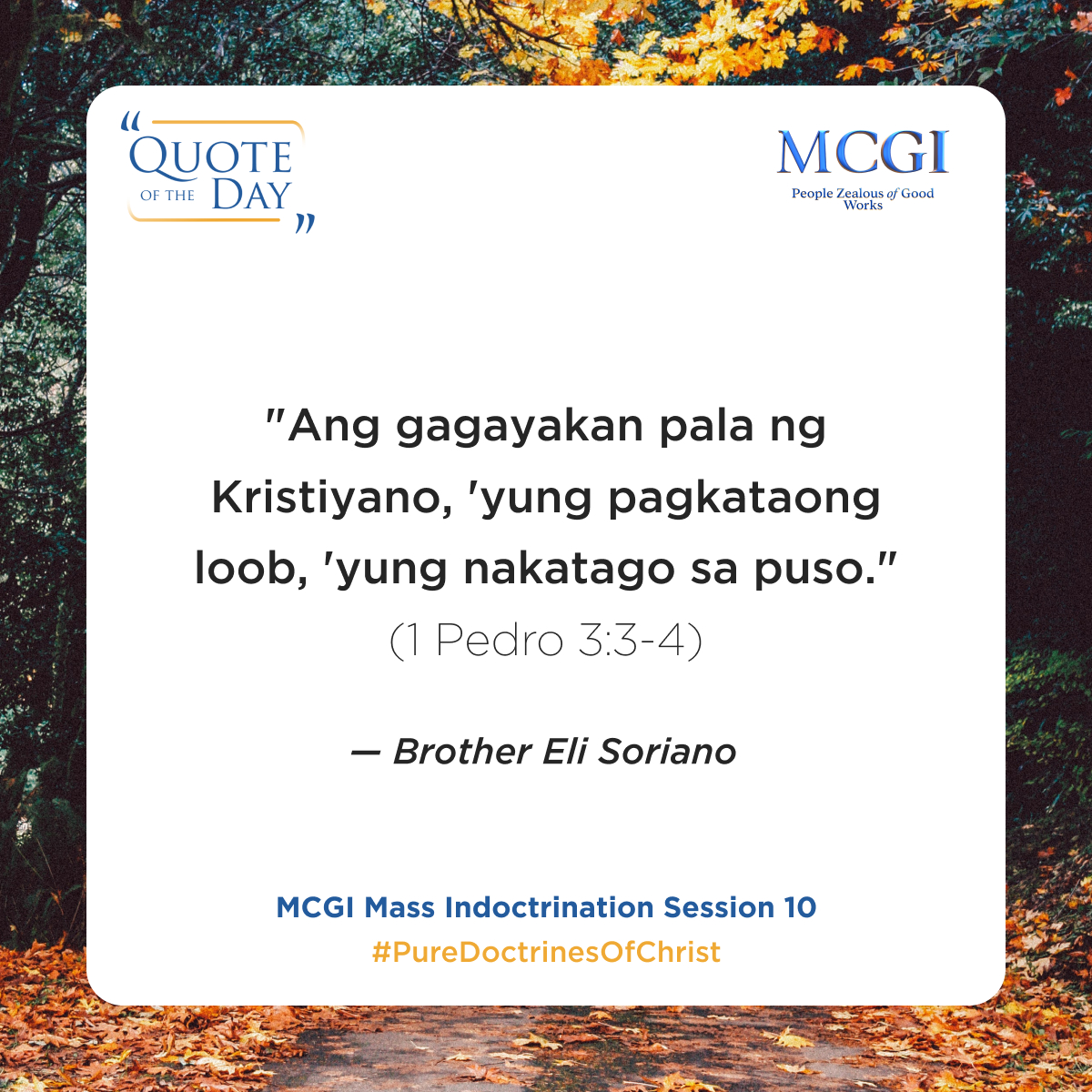 AngDatingDaanTV's tweet photo. "A Christian should adorn the inward man, which is hidden in the heart."

— Brother Eli Soriano, MCGI Mass Indoctrination Session 10

Good Works and Giving
#PureDoctrinesOfChrist https://t.co/6CsNOosxGL