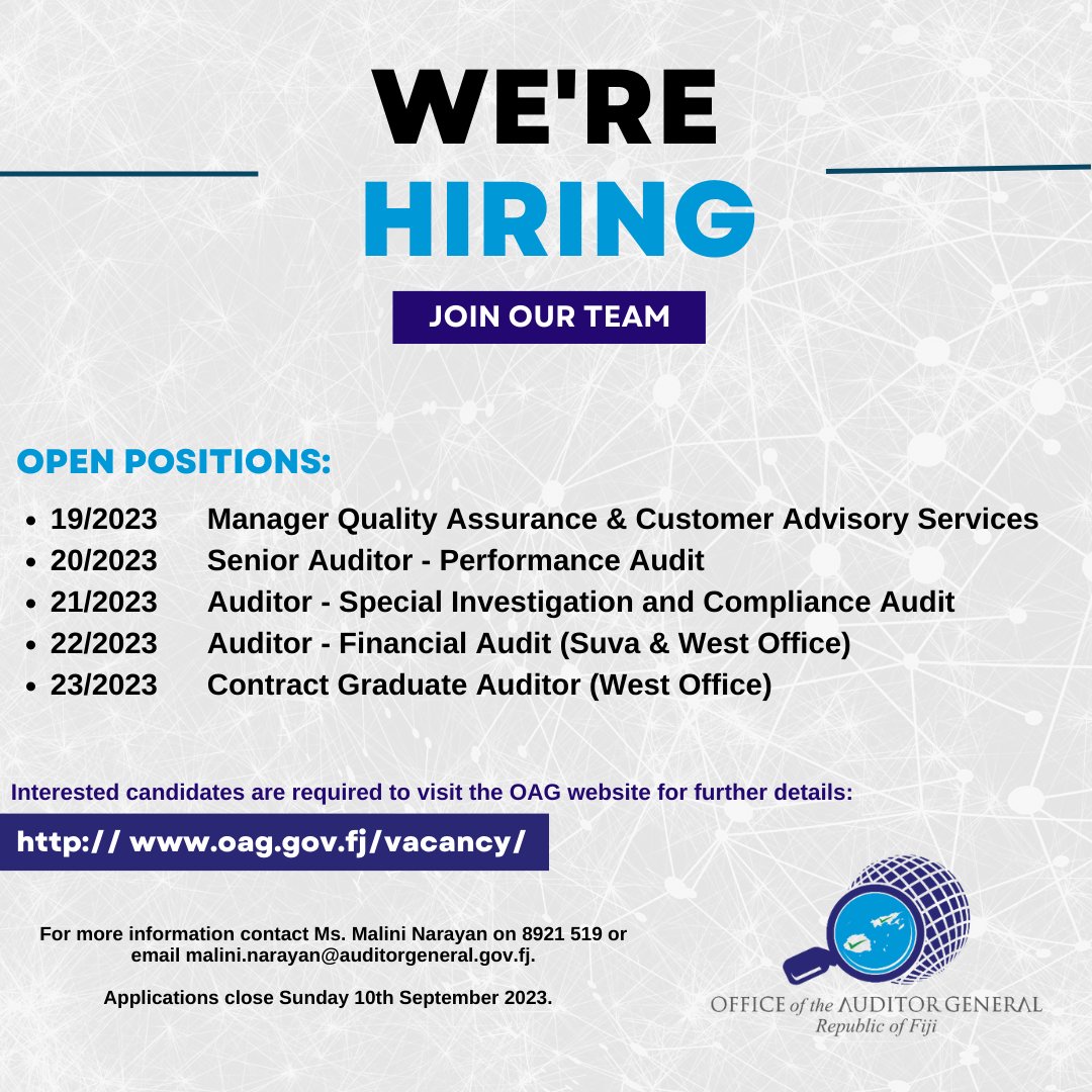 FJ_Audit_Office's tweet photo. Join the #OAG team!

Refer below for vacancy details or visit https://t.co/6LwXuebRxI for more information.

Closing date: Sunday 10 September 2023.
#OAGFiji #auditforimpact #vacancy #TeamFiji https://t.co/bKlhlCw10Y