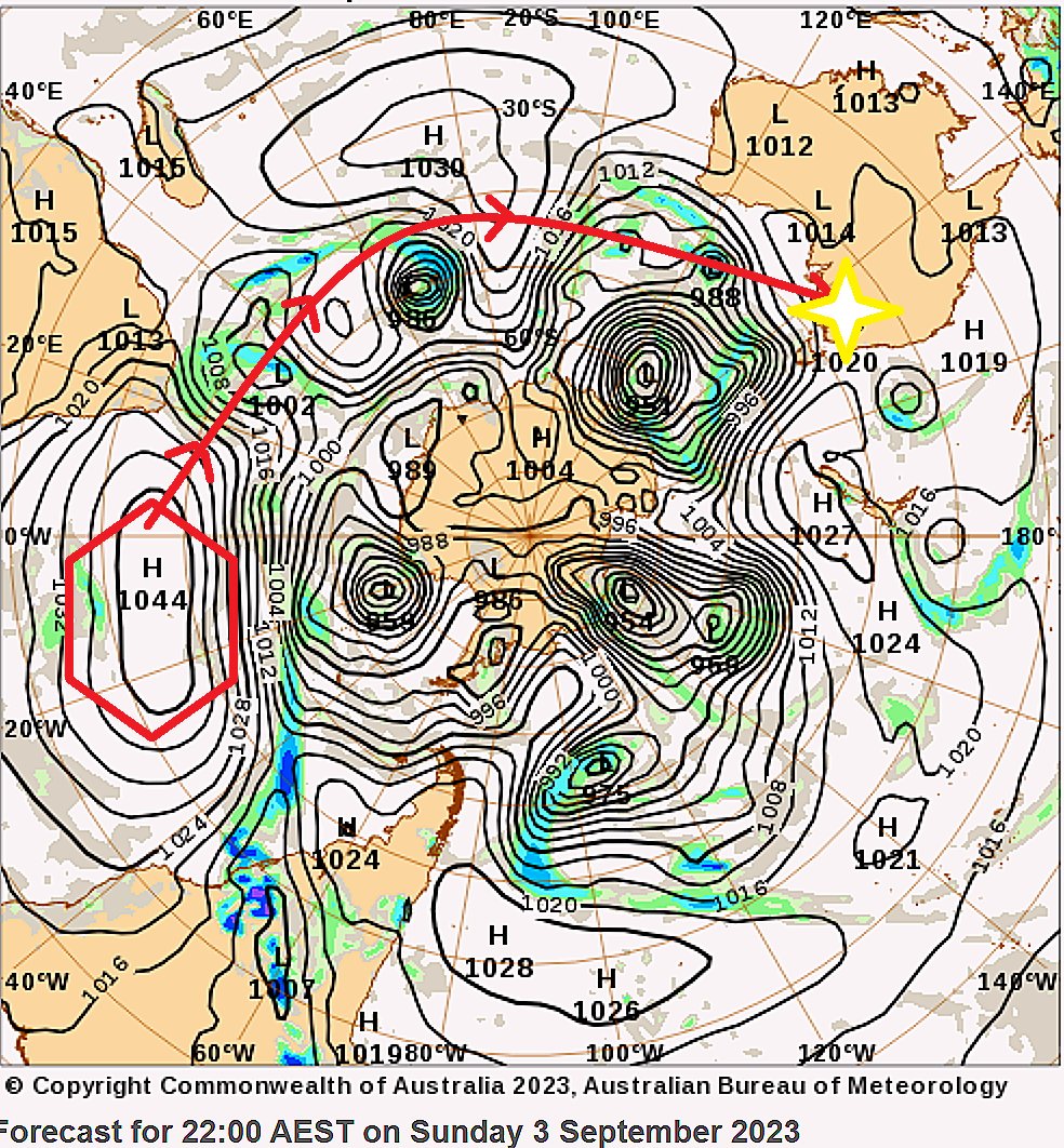 That's a powerful High system. Very slow moving. Potentially bad in several ways. 
1.  Disrupt lows that may deliver rain to SE Aust.
2. Track through "Screaming 60's" and load up with very cold air.
3. Arrive Via Kangaroo Island aprox 15 Sept and result in multiday frost impact.