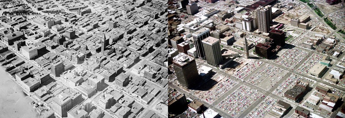 mnolangray's tweet photo. America spent like ~50 years there bombing its own cities in the name of endless free parking.  Denver: https://t.co/66vc1Zdxll