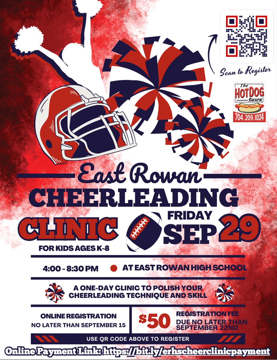 It's a month away, but not too early to sign up for the annual ERHS Mustang Cheer Clinic.  Taking place the same night as our East Community Game. We can't wait to see our future Mustangs join us for the clinic and game. #wEReast