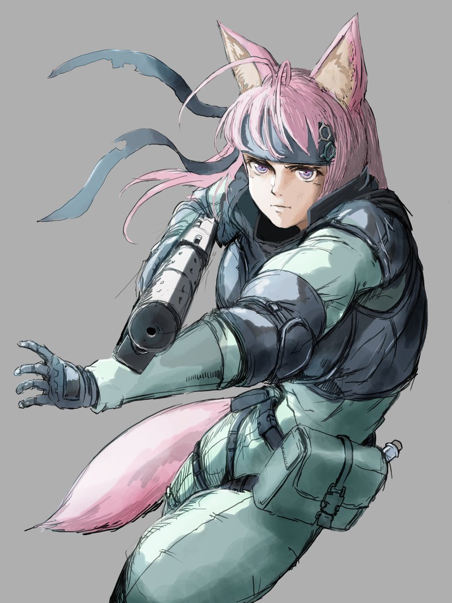animal ears 1girl solo weapon tail gun pink hair  illustration images