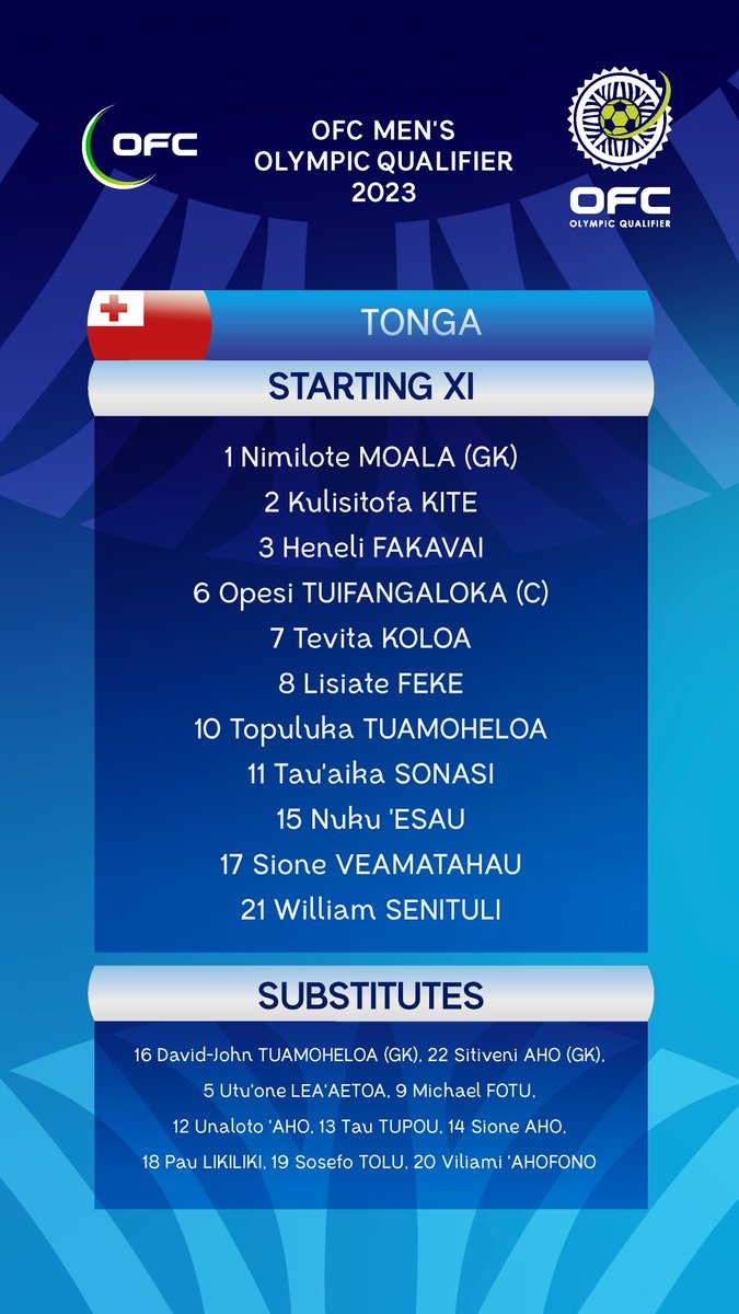 TEAM NEWS | The line-ups are set for the day's opening match between Samoa and Tonga at the OFC Men's Olympic Qualifier 2023 in Auckland.

🇼🇸🇹🇴⚽

Watch the action LIVE on OFC TV at the OFC website.
bit.ly/3QY6FMj

#OQM23 #Paris2024