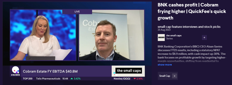 CBO’s Joint-CEO Sam Beaton joined <a href="/ausbiztv/">ausbiz</a> to discuss the Company’s strong FY2023 results and sales growth in both US and Australian markets. See link to view (CBO interview commences at 11 minutes):
ausbiz.com.au/media/bnk-cash…