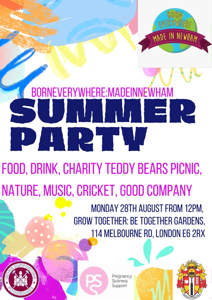 MadeInNewham's tweet photo. A 🌞 SUMMER 🏝️ PARTY 🎉 
With @MadeInNewham 
On Monday 28th August from 12pm
Let's spend time to support charity. 
Enjoy 🎵 music, play 🏏 #Cricket &amp; have 😊 fun
It is open for all faith, colour, race and age
#BornEverywhere ♡ #Newham #Eastham #borneverywhere #Welcome #Peace #UK https://t.co/kVs0PtYKSA