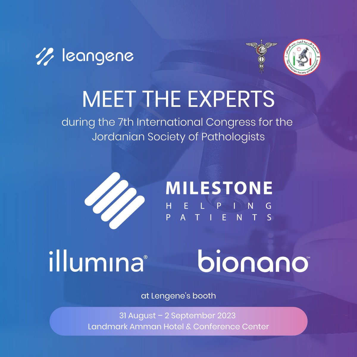 Join us to explore endless possibilities at our booth during the 7th International Congress for The Jordanian Society of Pathologists. 
Connect with us & esteemed partners @Milestone_Med, @illumina & @bionano as we unveil the latest in #pathology and #CancerDiagnostics.
#JSP