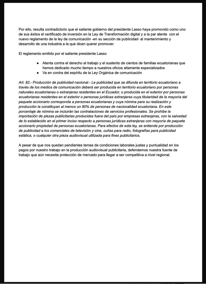 AsociacionETC's tweet photo. El presidente saliente #Lasso reglamentó a última hora la Ley de Comunicación.

El reglamento 
●  Amenaza derecho al trabajo  d cientos d familias ecuatorianas dedicadas a oficios altamente especializados en audiovisual
●  Va en contra del espíritu de la #LOC  #inconstitucional https://t.co/LXMafh2yYU