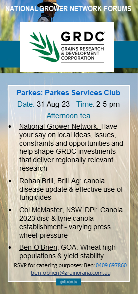 GRDC NGN: Tomorrow (Thursday) Parkes Services Club. Rohan Brill & Colin McMaster with insights into canola, @brill_ag @Master4Colin. All welcome!
