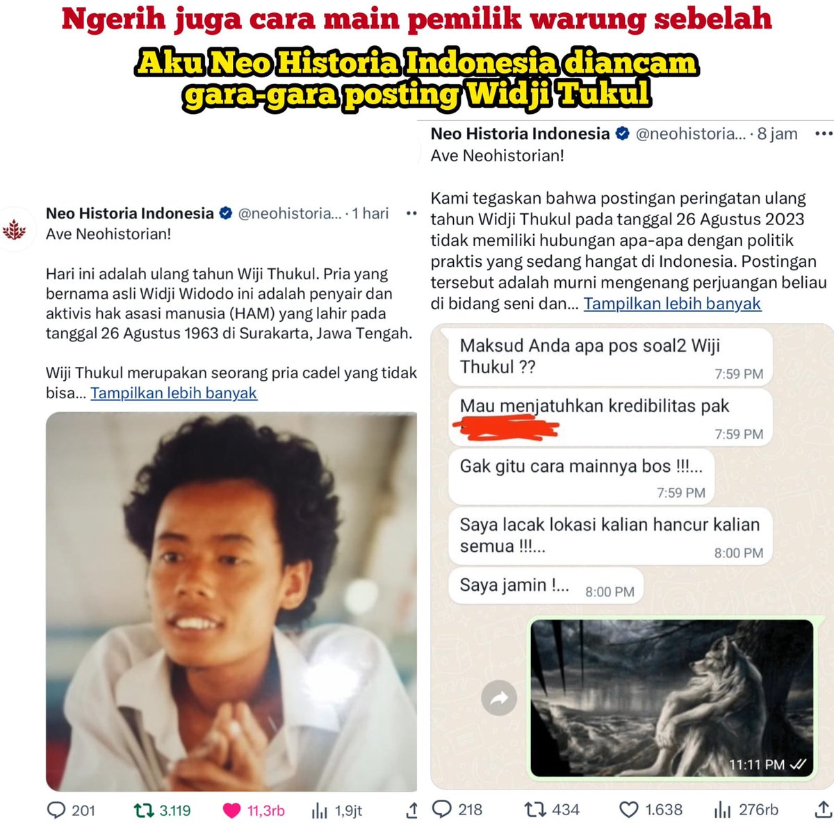 Belum berkuasa sudah menunjukkan INTIMIDASI ala ORDE BARU

Masih ingatkan, PERS dan WARTAWAN banyak DIBREDEL hingga HILANG tak berjejak kala itu

Orangnya MASIH ADA, dia INGIN jadi Presiden

WASPADA, jgn LENGAH dgn SERIGALA berbulu domba

#MenolakLupa
#PrabowoAntitesaJokowi