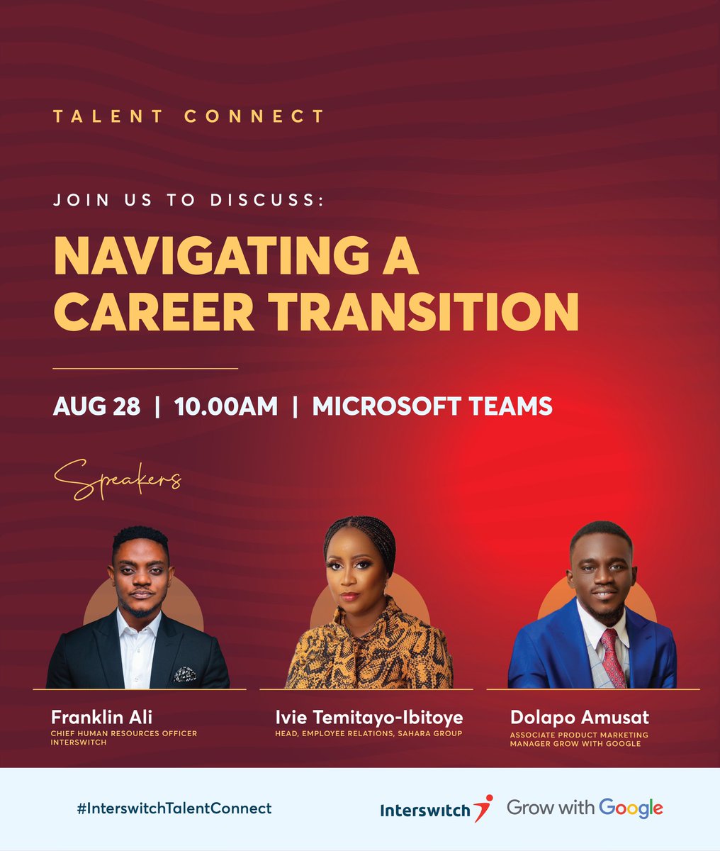 InterswitchGRP's tweet photo. It’s almost time! Are you ready to take your career in tech to the next level? Then you can’t afford to miss this session.
Registration is still on https://t.co/xVIpxGoVRP Share with friends and loved ones.
#InterswitchTalentConnect
#TechItToTheNextLevel
#TheFutureOfWork https://t.co/p1uY5upnT3