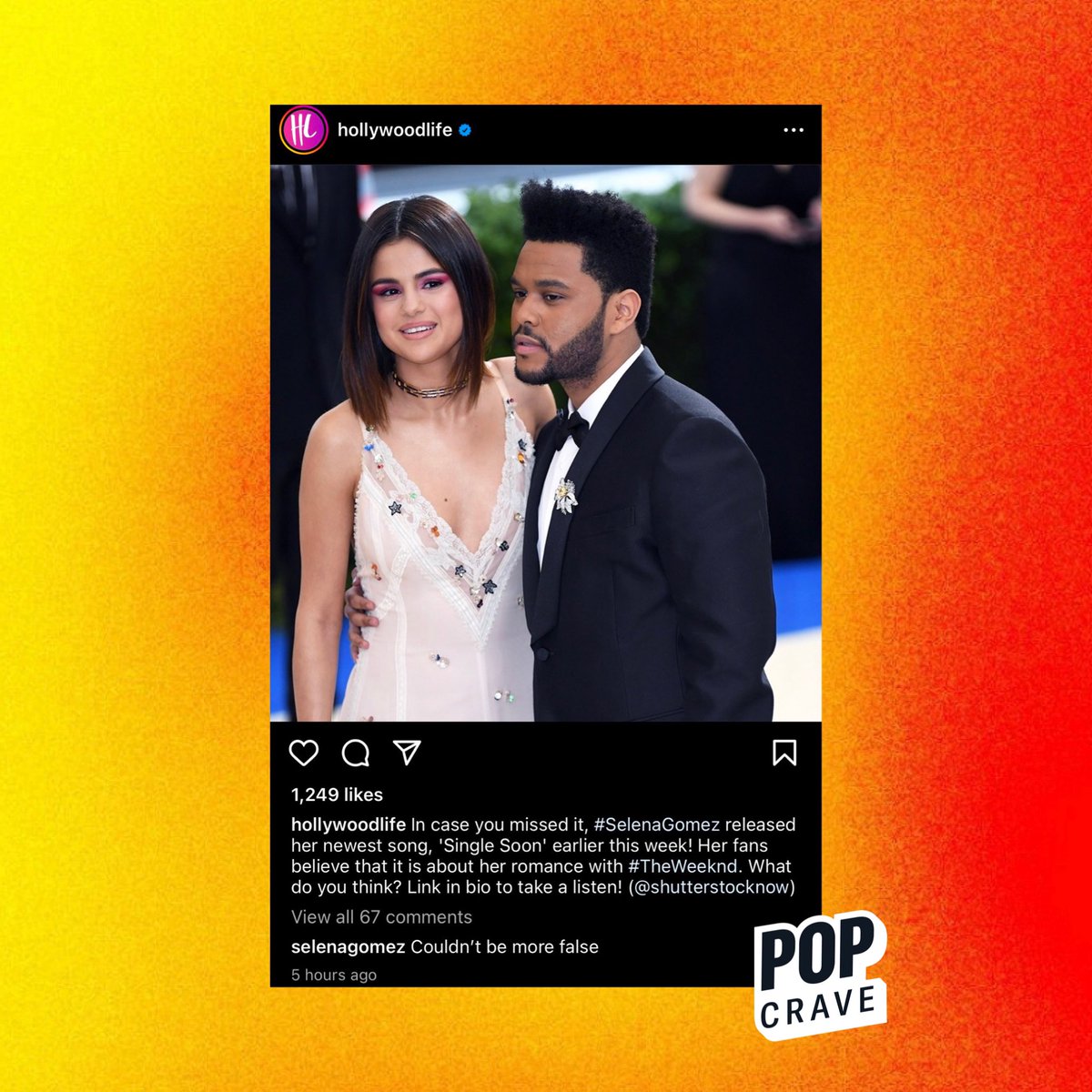 PopCrave's tweet photo. Selena Gomez rejects speculation that her new single, “Single Soon,” is about The Weeknd:
“Couldn’t be more false” https://t.co/1tijSLok86